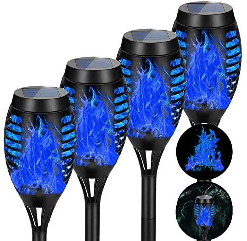 AOUNQ Solar Lights Outdoor Waterproof Blue, Upgraded 4 Pack Solar Torch Light with Flickering Flame, Mini Solar Outdoor Garden Lights Tiki Torches for Outside Patio Yard Pathway Decor