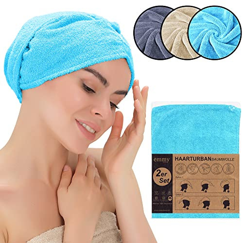 Emmy Home Haarturban, 100% Baumwolle 2 Stück Haartuch schnelltrocknend, Turban Handtuch mit Knopf, Handtuch für Kopf und Lange Haar, Turban Haartrockentuch (2er Set Blau)