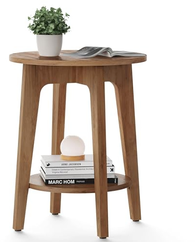 VASAGLE MAEZO Collection - Side Table, 2-Tier Small Round End Table, Nightstand with Tapered Legs, Curved Transitions, for Small Spaces, Living Room, Bedroom, Honey Brown ULET283T41