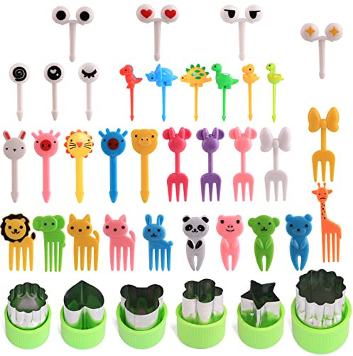 66 Pezzi Forchette da Frutta per Bambini, Carino Animali Forma Stuzzicadenti Bento, Riutilizzabile Forchette da Dessert, Mini Forchette per Alimenti con 6 Pezzi Tagliapasta per Verdure per Bambini