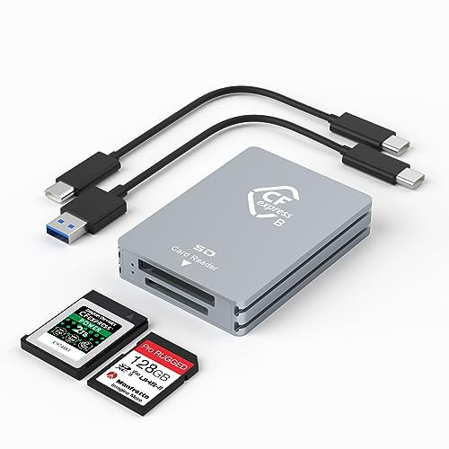 CFexpress - Lector de tarjetas de doble ranura tipo B/SD - USB C 3.2 Gen 2 10 Gpbs, compatible con tarjeta de memoria SD, adaptador de aluminio con cable USB C a USB A