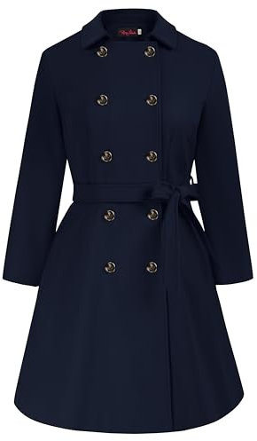 Hanna Nikole Wintermantel Damen Elegant Große Größen Zweireihiger Wollmantel mit Taschen Gürtel Langarm Mittellanger Trenchcoat Navy Blau 48