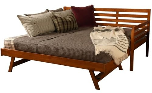 BOWERY HILL Modern Wood Daybed with Pop Up Bed, Plantation-Grown Hardwood, Brown Finish, Twin to King Conversion, Sturdy Casters, Mattress Not Included, Home Bedroom Furniture