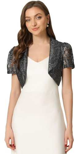 Allegra K Mujer Bolero Cárdigan Top de Encaje Floral Cuello de Solapa Manga Corta Elegante Bolero Negro XS