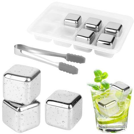 VFANDV 8 Pezzi Cubetti di Ghiaccio Riutilizzabili, Whiskey Stone Ghiaccio Cubetti Set Wisky con Pinze e Scatola, 304 Acciaio Inox Pietre di Whisky per Cocktail, Vino, Frutta, Puree di Frutta, Gelati