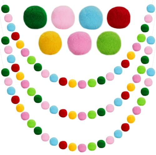 G2PLUS 2PCS Pre-strung Felt Pom Pom Garland, Handmade Felt Bunting with 60 Balls for Christmas Party Nursery Room