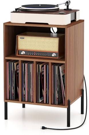KOMFOTTEU Meuble Platine Vinyle avec Station de Charge, Support de Tourne-Disque, avec 5 Compartiments Ouverts, Meuble Tourne-Disque, pour jusqu'à 150 Albums, 53 x 45 x 78,5 cm (Noyer)