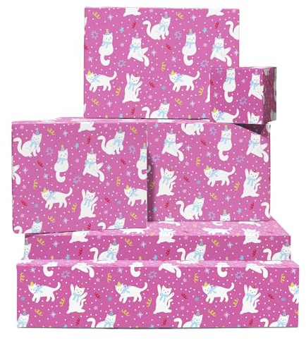 Katt presentpapper - roligt tema - 6 ark - rosa papper till jul, födelsedag, dop, babyshower - för flickor, pojkar, män, kvinnor, söner, flickor - etiketter ingår - återvinningsbar