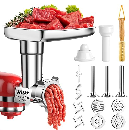 100% Polished Stainless Steel Meat Grinder Attachment for KitchenAid Mixer, Dishwasher Safe Food Grinder Attachment Anti-Corrosion, 18-Piece Set Includes 3 Seamless Sausage Stuffers, 4 Grinding Plates