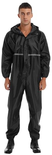 renvena Men Work Overalls Waterproof Reflective Strip Jumpsuit Long Sleeve Hooded Raincoat Zipper Coveralls Black 3XL