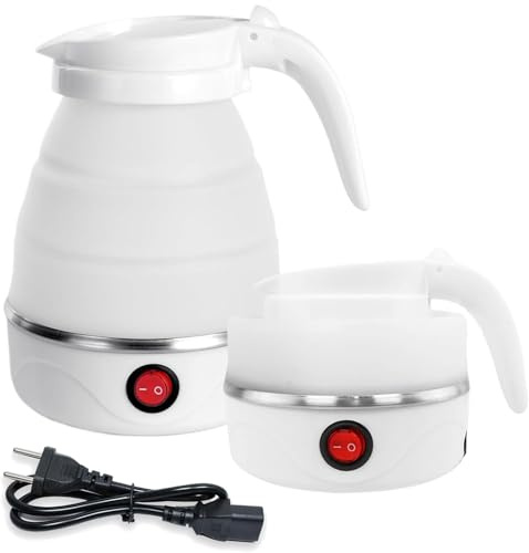 AUTOWNLUX Bouilloire pliable en silicone, 0,6 L, bouilloire portable, mini bouilloire pliable, 5 minutes, cuisson rapide pour le camping en plein air, la randonnée (blanc)