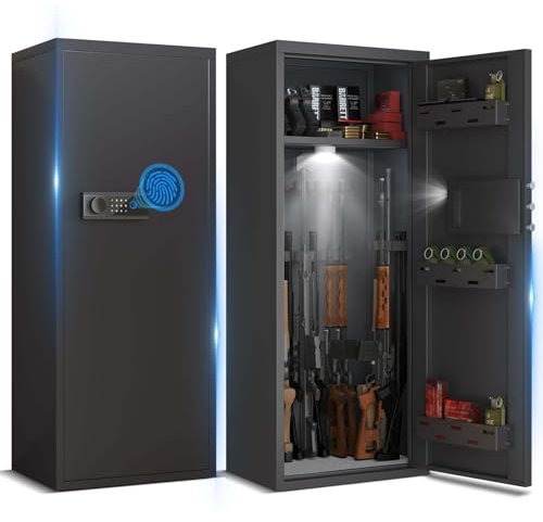 10-12 Gun Safe Large for Home Rifles and Shotguns Fingerprint, Unassembled Long Pistols Safes with Removable Shelves and 3 Rifle Slots, Password Lock and Silent Mode