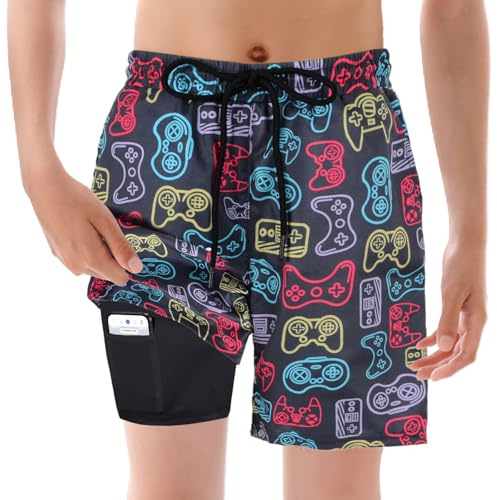 COYBTO Boys Swimming Trunks, Kids Board Shorts, Boys Swim Trunks with Compression Liner, UPF50+ Quick Dry, for Seaside Vacation, Surfing, Boating, Diving, L Grey