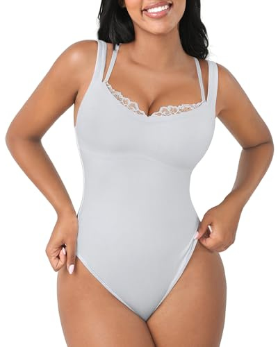FeelinGirl V Neck Lace Body Shaper Tummy Control Soft Sleeveless Spaghetti Strap Shapewear Bodysuits for Women White M