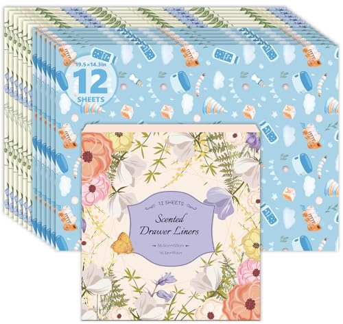 SCENTORINI Papel Perfumado para Cajones, Papel de Cajones de Fragancia de Lino y Talco para Bebé, Estantes de Cajoneras, Armario, Fragancia de Armario, 12 Hojas, 36.5 cm x 50 cm