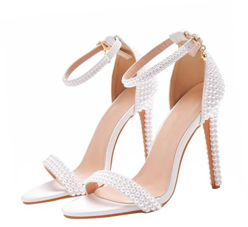VERDANVERSE Escarpins à Talons Hauts 11 CM Blanc Perlés Bout Ouvert et Effilé Chaussures de Mariage pour Mariée Élégantes Sandales à Brides Fines pour Cérémonie et Soirée