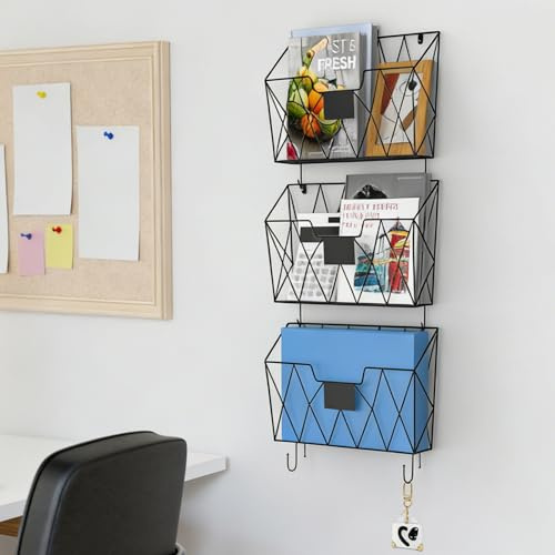 UOMIO 3 Pack Wall Mounted Document Holder Black, Magazine Rack Rust-Proof, Hanging Wall File Holder, File Storage Organizer for Office & Home, Desk Stationary Tidy, Work Easy