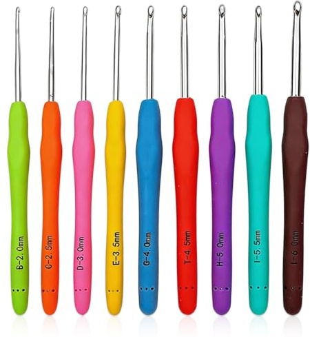 CATZUM Set di 9 uncinetti ergonomici, extra lunghi, in metallo con manico in silicone colorato, kit uncinetto per principianti e amanti dell'uncinetto (14 cm) (2/2,5/3/3,5/4/4,5/5/5,5/6 mm) (Colorato)