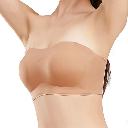 Fjquamitix Strapless Bras for Women Support Full Coverage Non Slip Seamless Bra with Removable Cups Comfort Invisible Women's Bras for Daily Wear (UK, Alpha, L, Regular, Regular, Skin)