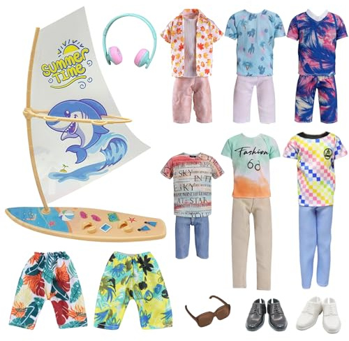 20 vestiti per bambole compatibili con bambole Ken, tra cui 6 top a maniche corte 1 camicia 2 pantaloni 6 pantaloncini 1 barca a vela 1 cuffie 1 occhiali 2 scarpe per bambole da 30,5 cm