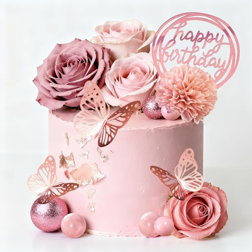Glamoreal decoraciones de pastel con flores, decoraciones Feliz Cumpleaños en oro rosado con flores artificiales y bolas de mariposa para bodas, baby showers y fiestas de cumpleaños