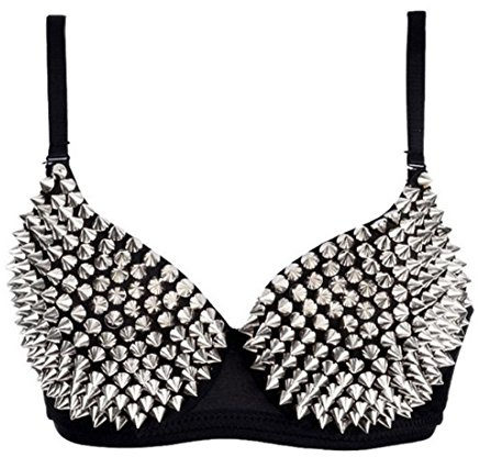 Women Punk Dancing Performance Gold Metallic Rivets Studded Strappy Sujetadores (Pladeado , S)