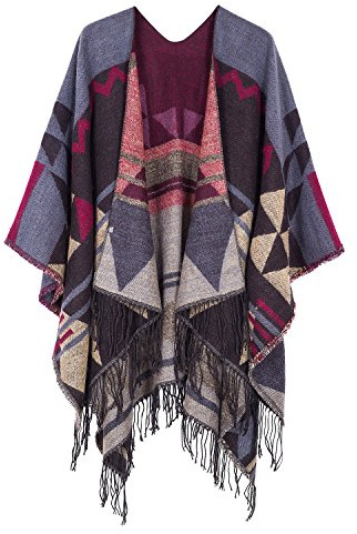 Urban GoCo Mujer Poncho Cárdigan de Punto Capa Gran Tamaño Estampado Étnico Chal Bufanda Manta con Borlas (#2 Vino Rojo)
