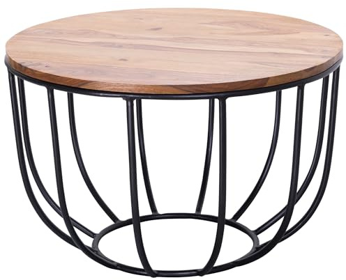 WOHNLING Table Basse Ronde 60x60x39 cm Bois Massif Sheesham Table Panier | table de salon industriel avec structure en métal, bout de canapé massif, pièce unique faite main, table de séjour marron