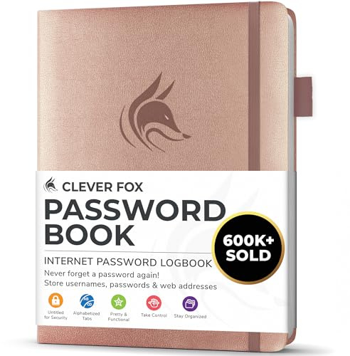Clever Fox Lösenordsbok med flikar Loggbok med alfabetiska flikar för internetadresser och lösenord Lösenordsbok, journal, anteckningsbok för dator och webbplatsinloggningar, liten (roséguld)