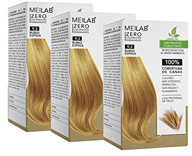 MEILAB Tinte Permanente Sin Amoníaco Rubio muy claro dorado 9-3 – Cobertura 100% Canas – Con Vitamina F – Color Duradero y Brillante – Pack 3 Unidades