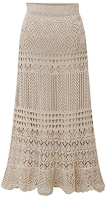 chouyatou Women's Stretched High Waist Crochet Hollow Out Knit Flowy Patterned Lace Maxi Skirt (Medium, Beige)