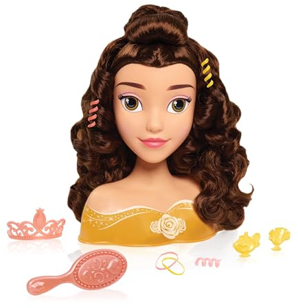 Disney Princess Belle Styling Head, Brown Hair, 10 Piece Pretend Play Set, Beauty and the Beast, Officially Licensed Kids Toys for Ages 3 Up by Just Play