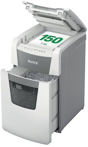 Leitz IQ Autofeed Office Aktenvernichter, 150 Blatt Papierstapel schreddern, Zeit sparen mit automatischem Einzug, Mikroschnitt P5, 44L Abfallbehälter, Leiser Betrieb für Büro, 80140000