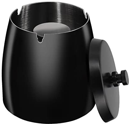 HONZUEN Aschenbecher mit Deckel Schwarz – Winddichter Edelstahl Aschenbecher für Draußen, Rostfreier Sturmaschenbecher Outdoor für Balkon, Garten, Terrasse, Tischaschenbecher