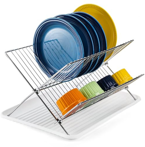 Youeon Foldable Dish Drying Rack with Drip Tray, Stainless Steel 2 Tier Dish Drainer Rack, Collapsible Dish Drainer, Folding Dish Rack for Kitchen Sink, Countertop, Cutlery, Plates, Dishes