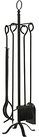 Outsunny 5-teiliges Kamingarnitur Kamin Garnitur Set Kaminbesteck innen Kamin Zubehör Kaminofen Besteck Schmiedeeisen Besteck Werkzeuge Metall Schwarz 20 x 20 x 82,5 cm