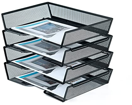 SETTFRFE 4 Tier Metal Mesh Desk Organizer-Stackable Letter Trays for Office Supplies,Black File Storage System with Reinforced Edges