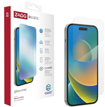 ZAGG InvisibleShield Glass XTR2 Screen Protector for iPhone 14 Pro, Tempered Glass, Shockproof, Anti-Microbial, Touch Sensitive, (Clear)