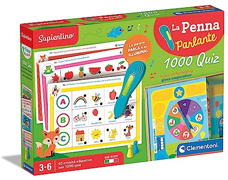 Clementoni Sapientino – Der sprechende Stift 1000 Quiz, elektronisches Lernspiel 3-6 Jahre, 64 Aktivitäten und 32 Karten zum Lernen von Buchstaben und Zahlen, Made in Italy, italienische Sprache,