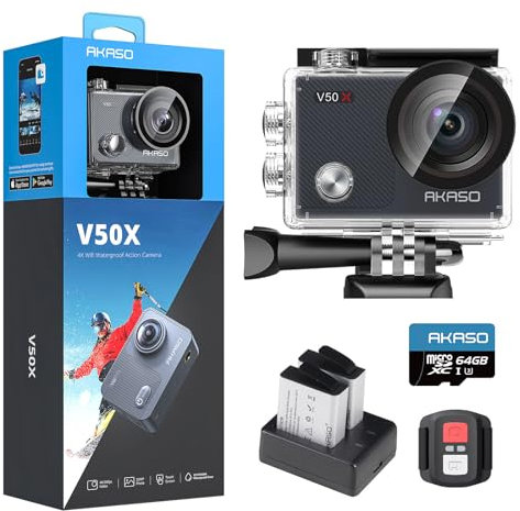 AKASO V50 X Action Camera with 64GB microSDXC Memory Card - Native 4K Wifi Underwater 40M EIS Anti-Shake Cam with Touch Screen, Remote Control, Waterproof Case and Mounting Accessories Kit