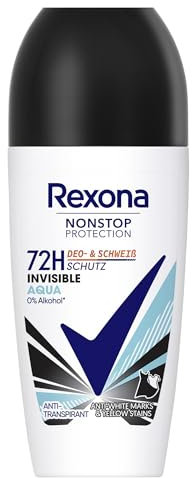 Rexona Nonstop Protection Deo Roll-On Invisible Aqua Anti Transpirant mit 72 Stunden Deo- und Schweiß-Schutz gegen weiße Rückstände und gelbe Flecken auf der Kleidung 50 ml
