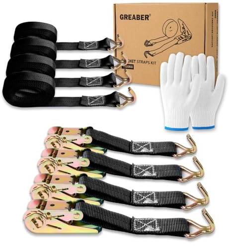 Ratchet Straps (4-Pack), with 1x Work Gloves, 1000kg Break Strength, 5m x 2.5cm Heavy Duty Tie Down Strap Set with Metal Hooks for Trucks,Moving,Motorcycles,Trailer,Cargo (Black)