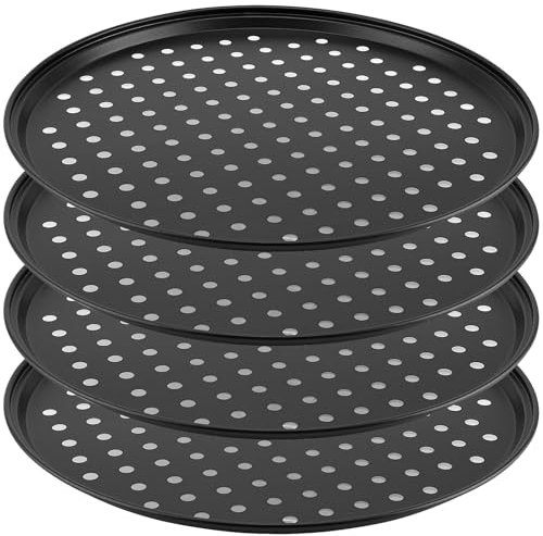 CHUIFAI 4 Stück Pizzablech rund 32 cm, Antihaft Pizzablech mit Löchern, Pizza Backblech, perforiertes Pizza Ofenblech Karbonstahl Pizzaform