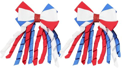 JIHUOO Lot de 2 pinces à cheveux en ruban bouclé coloré fait à la main avec nœuds en ruban pailleté - Accessoires pour cheveux pour filles - Rouge, blanc, bleu