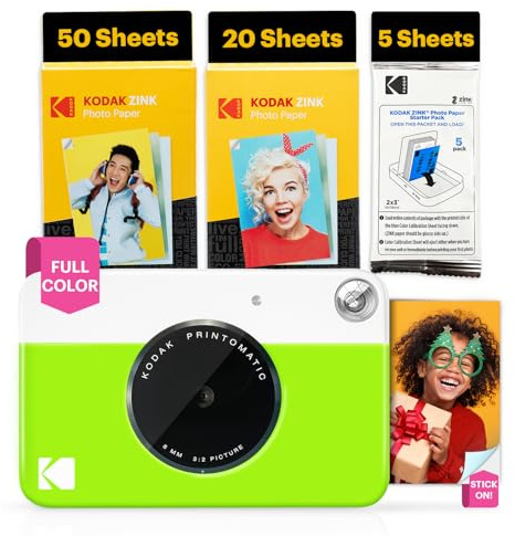 KODAK Printomatic Full-Color Instant Print Digital Camera - 75 Sheets BUNDLE - Prints On Zink 2x3 Sticky-Back Photo Paper - 5MP, Portable, Creative Fun Gift for Birthday, Christmas, Holiday - Green