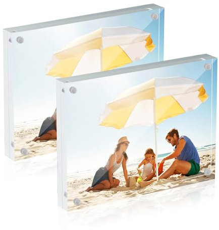 display4top 2 Pack 5×7 Inch (13×18 cm) Acrylic Photo Frame, Double Sided Magnetic Picture Frame, Free Standing Desktop Clear Transparent Frameless Home Decor for Photograph Display, 20mm Thick