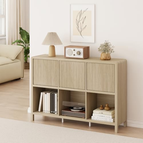 [en.casa] Aparador Bajo Lukkodso con 6 Compartimentos Mueble Auxiliar con 3 Puertas Variables Rectangular Armario Multiusos 77 x 110 x 30 cm - Efecto Roble