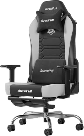 AutoFull C3 Gaming Stuhl Ergonomisch | Gaming Chair mit 2D-Armlehnen, Fußstütze, Kopfstütze & Lendenkissen | 150 kg Belastbarkeit | Bequemer Stoffbezug (Schwarz & Weiß)
