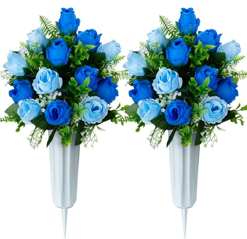 XONOR Artificial Cemetery Flowers for Grave Decorations, Artificial Memorial Roses Flowers Bouquet with Vase for Cemetery Headstones Decoration, 2 Sets (Dark Blue&Light Blue)