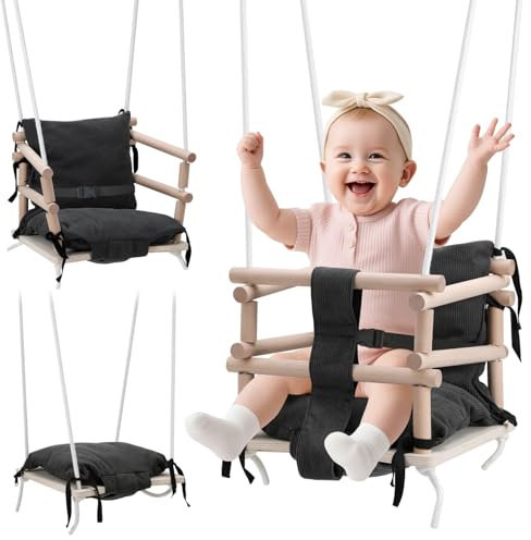 Ollewiellan Babygunga, inomhus och barngunga, utomhus, 3-i-1 av trä, justerbar höjd (160–260 cm) med avtagbar kudde, för trädgård, från 12 månader, lastkapacitet 50 kg (grå)